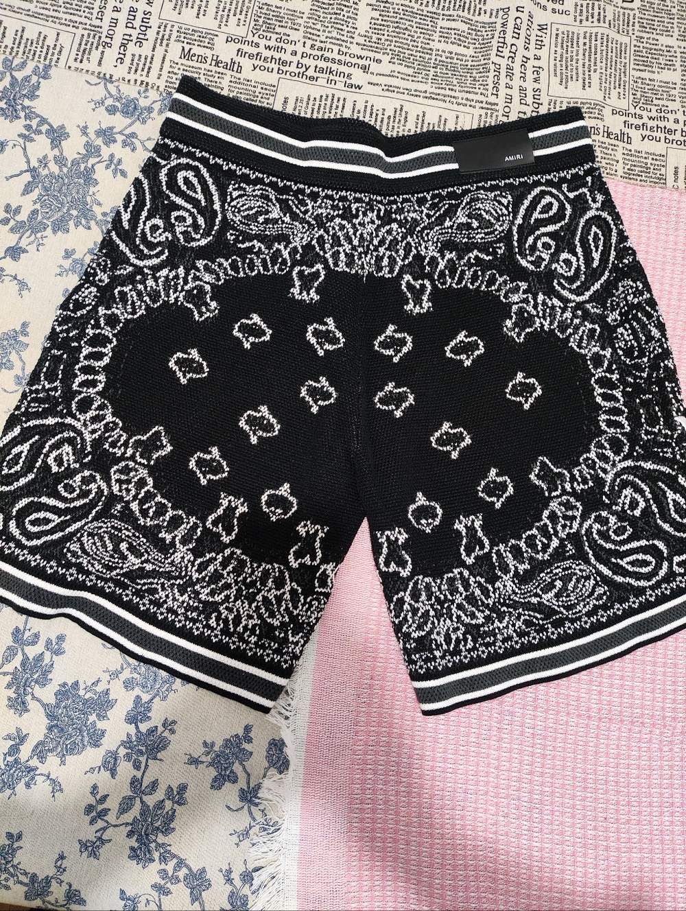 Men's Black Paisley Knit Bermuda Shorts with Stripe Waist - Picture 7 of 10